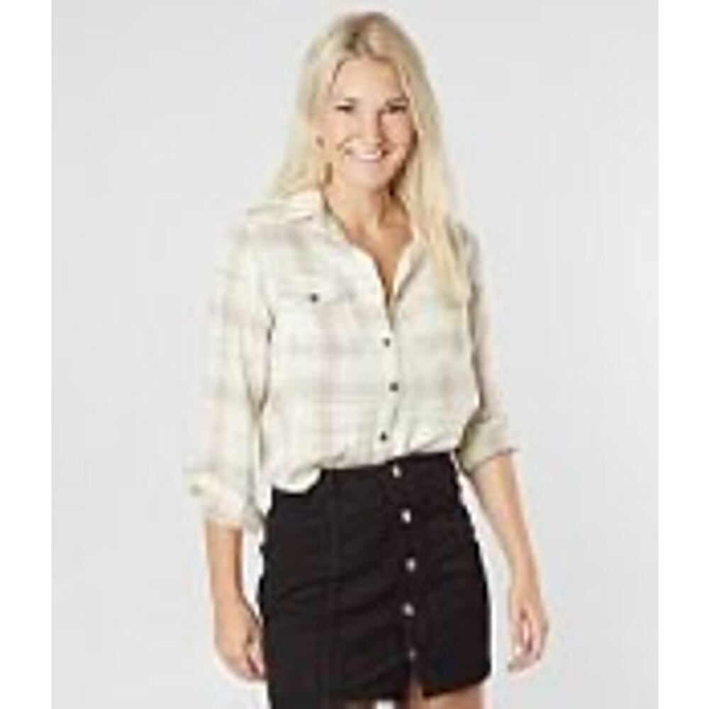 Billabong Venture Out Plaid Shirt Women’s Size M Cream/Tan Euc